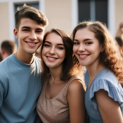 Tres adolescentes dos chicas y un chico juntos sonriendo 