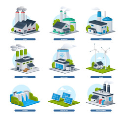 Obraz premium Alternative energy sources vector illustration. Flat style energy generation source types coal, biomass, gas, waste, nuclear, wind, hydro, solar, geothermal stations. Renewable energy icon set.