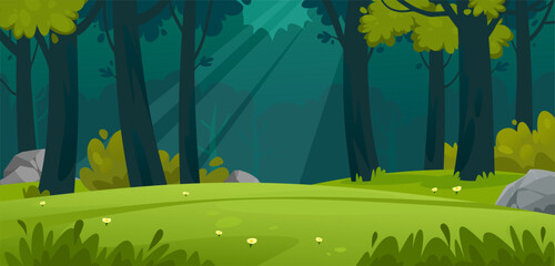 Cartoon forest background. Sun rays falling on the glade with flowers and trees. Beautiful nature landscape concept for banner, camping, magical forest. Summer or spring scene. Vector illustration