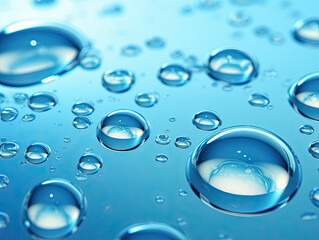 Aquatic Symphony, A Captivating Close-Up of Enchanting Water Droplets Glistening on a Tranquil Blue Canvas