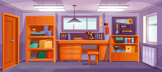 Garage interior cartoon vector illustration. Garage workshop with mechanic equipment. Storeroom interior with various tools for carpentry, car and repair, shelves, table, lamps and furniture.  