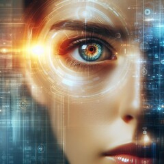 Young woman's eye and high-tech concept, augmented reality display, Iris verification, wearable computing.