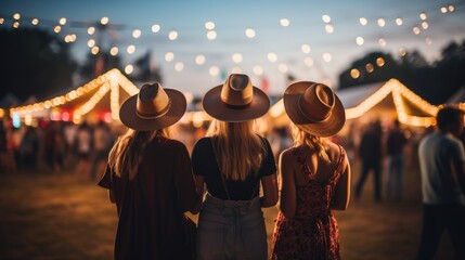 Women in country clothes on music festival. Blurred background with bulb lights - obrazy, fototapety, plakaty