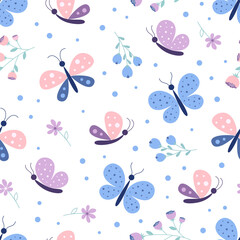 seamless pattern with cute butterflies and flowers isolated on white background, decoration for wrapping paper or wallpaper, simple design with flying moths, flat vector illustration