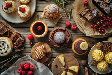 Various Desserts that are full on the table from the top view, cakes, donuts, and sweets, fruit, delicious bakery background.