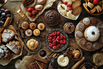 Various Desserts that are full on the table from the top view, cakes, donuts, and sweets, fruit,...