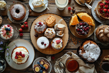 Various Desserts that are full on the table from the top view, cakes, donuts, and sweets, fruit, delicious bakery background.