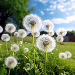Beautiful white dandelion flowers garden image Generative AI