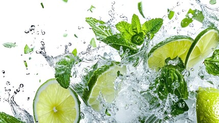 Refreshing Citrus Breeze, Vibrant Splash of Limes, Mints, and Water Dance on a Pristine Canvas