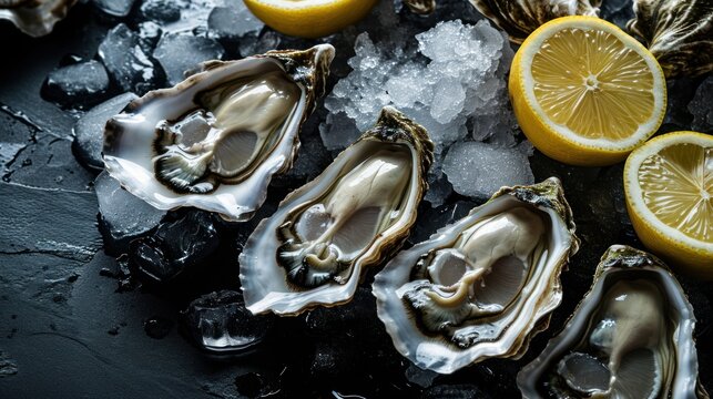 Glistening Treasures, A Captivating Presentation of Briny Oysters on Ice, Temptingly Adorned With Luscious Lemon Wedges