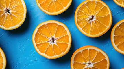 Citrus Symphony, A Vibrant Ensemble of Halved Oranges Dancing on a Serene Azure Canvas