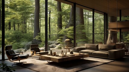 A contemporary lounge area with a 3D-rendered forest visible through floor-to-ceiling windows, bringing nature indoors.