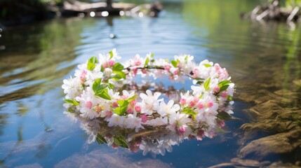 A wreath of spring flowers floats on the river. National traditions Ivan Kupala - obrazy, fototapety, plakaty