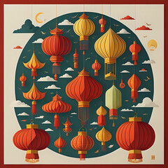 chinese lanterns in chinese temple, chinese lanterns in chinese style, chinese lanterns on the wall or chinese decorations, lunar decorations lantern lights or chinese new year decoration 