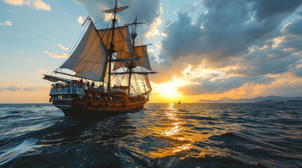 Fototapeta premium Sunset Clipper Ship - South China Sea