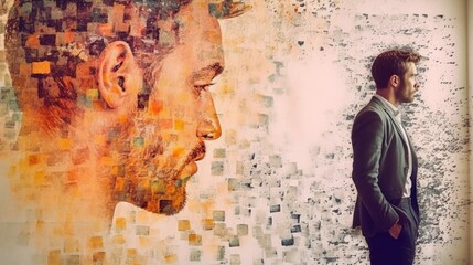 Portrait of a serious man with a two-tone mosaic effect on the wall. Multiple exposure, fashionable beautiful photo. Art, creativity, diversity, culture, composite image.