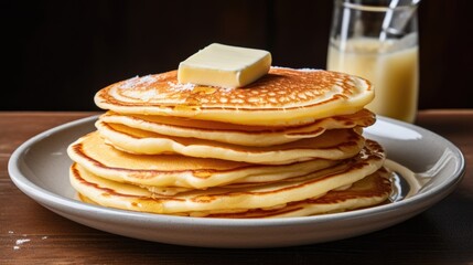 Stack of thin pancakes on a white plate. A piece of melted butter on top