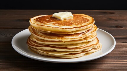 Stack of thin pancakes on a white plate. A piece of melted butter on top