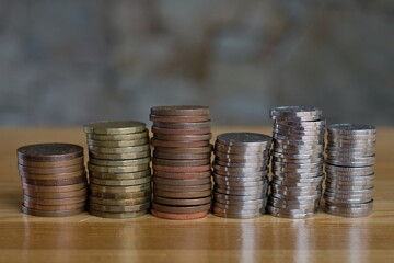 Money coins columns, Czech Crown currency. Money, bussines, economy, banks concept photo. Coins savings concept. 