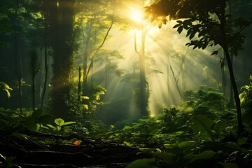 Evening landscape in a dark and foggy coniferous forest