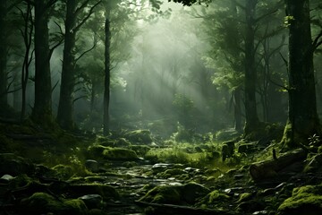 Fototapeta premium Dark and humid forest landscape with many large trees in fog