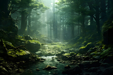 Dark and humid forest landscape with many large trees in fog