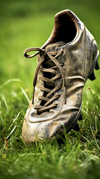 Close-up image of a weathered football boot resting on the grass,