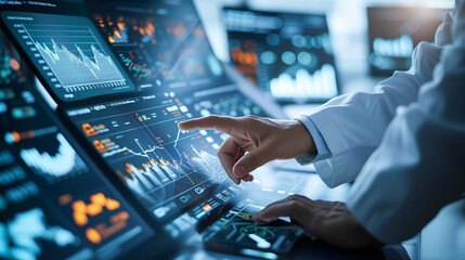 Business analysis, modern technology concept. Businessman, analyzing business data on digital tablet and laptop computer in office with augmented reality analytics computer dashboard on virtual screen