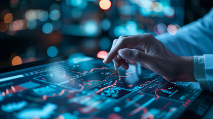 Business analysis, modern technology concept. Businessman, analyzing business data on digital tablet and laptop computer in office with augmented reality analytics computer dashboard on virtual screen