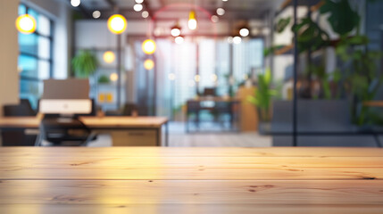 Table with blur background of corporate office conference room with glass interior for office product place on the table defocus office background. The office table made of wood. Corporate room. - obrazy, fototapety, plakaty