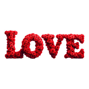 Valentine's Red Rose Floral LOVE Horizontal Lettering on Transparent Background