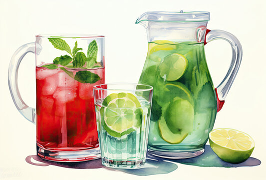Painting of Pitcher of Water, Pitcher of Lemonade, and Two Glasses