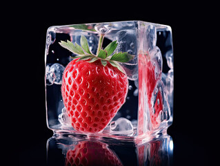 Strawberry in Ice Cube With Water Droplets, Fresh and Refreshing Fruit in a Chilled Beverage