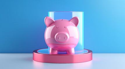 Achieving Financial Triumph: Translucent Piggy Bank on Pink and Blue Cylinder Podium Symbolizing Success, Wealth, and Savings Goals in Business Finance and Investment Growth