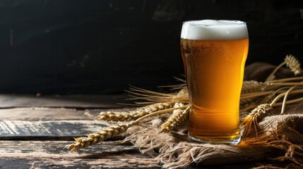 Golden Elixir, A Captivating Dance of Frothy Brew Upon an Antique Wooden Stage