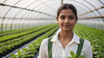 Smiling young indian female looking at camera while standing with vest in modern white greenhouse with organic hydroponic farm and green plants, holding plants - obrazy, fototapety, plakaty