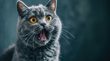 Majestic Feline Symphony, A Captivating Portrait of a Gray Cat, Mouth Agape in Awe-inspiring Splendor