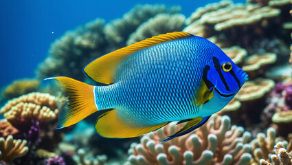 A vibrant blue tropical fish swims gracefully among coral reefs in a clear blue underwater environment.