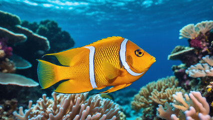 Fototapeta na wymiar A vibrant orange tropical fish swims gracefully among coral reefs in a clear blue underwater environment.