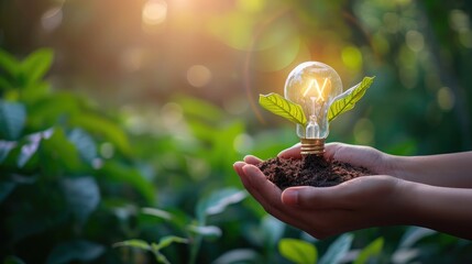Earth day concept: Developer hand holding light bulb of growth tree on blurred green nature background