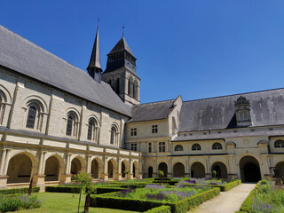View inside Fontevraud Abbey, a travel destination in the Loire Valley of France - Overview of the cloister