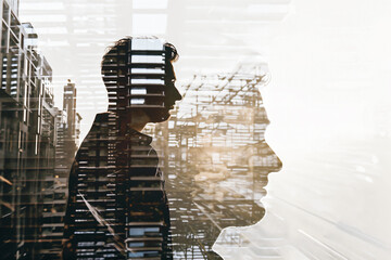 Double exposure portrait photo, man and city space blend together, peace of mind,abstract mentation,meditation,contemplative,philosophy, silhouett,Property market, future	