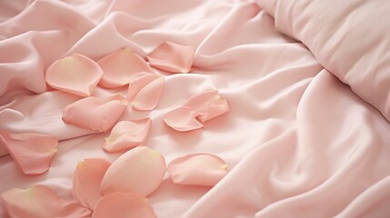 Fototapeta premium Pink rose petals scattered over silk satin bed sheets. Romantic visual.