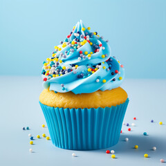 a blue icing with yellow and blue sprinkles on transparent background created with Generative Ai