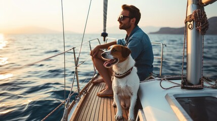 Harmony Unleashed, A Serene Rendezvous of Man and Dog on a Tranquil Boat Amid Natures Embrace - obrazy, fototapety, plakaty