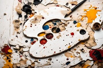 A white wooden artist's palette with dried paint blobs.