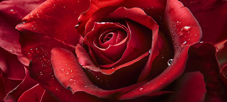 Close up macro shot of a red rose flower petals  with raindrops for background or wallpaper.