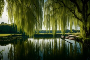 A tranquil lake surrounded by weeping willows, their leaves gently touching the water, reflecting the peacefulness of the scene.
