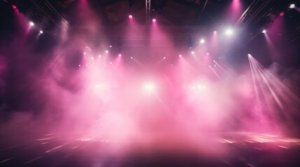 Empty stage. Pink spotlights through smoke and sparkles. Stage for performance