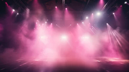 Tuinposter Empty stage. Pink spotlights through smoke and sparkles. Stage for performance © brillianata